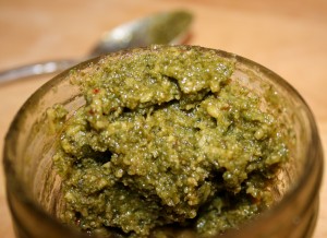 cilantro pesto with spoon